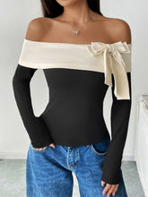 Perfee Bow Contrast Off-Shoulder Long Sleeve Top OutfitFlow